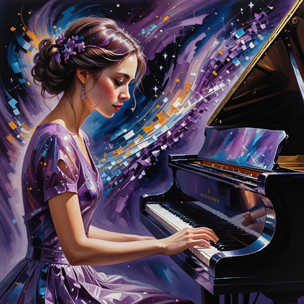 Woman Plays Transparent Piano in Oil Painting Style