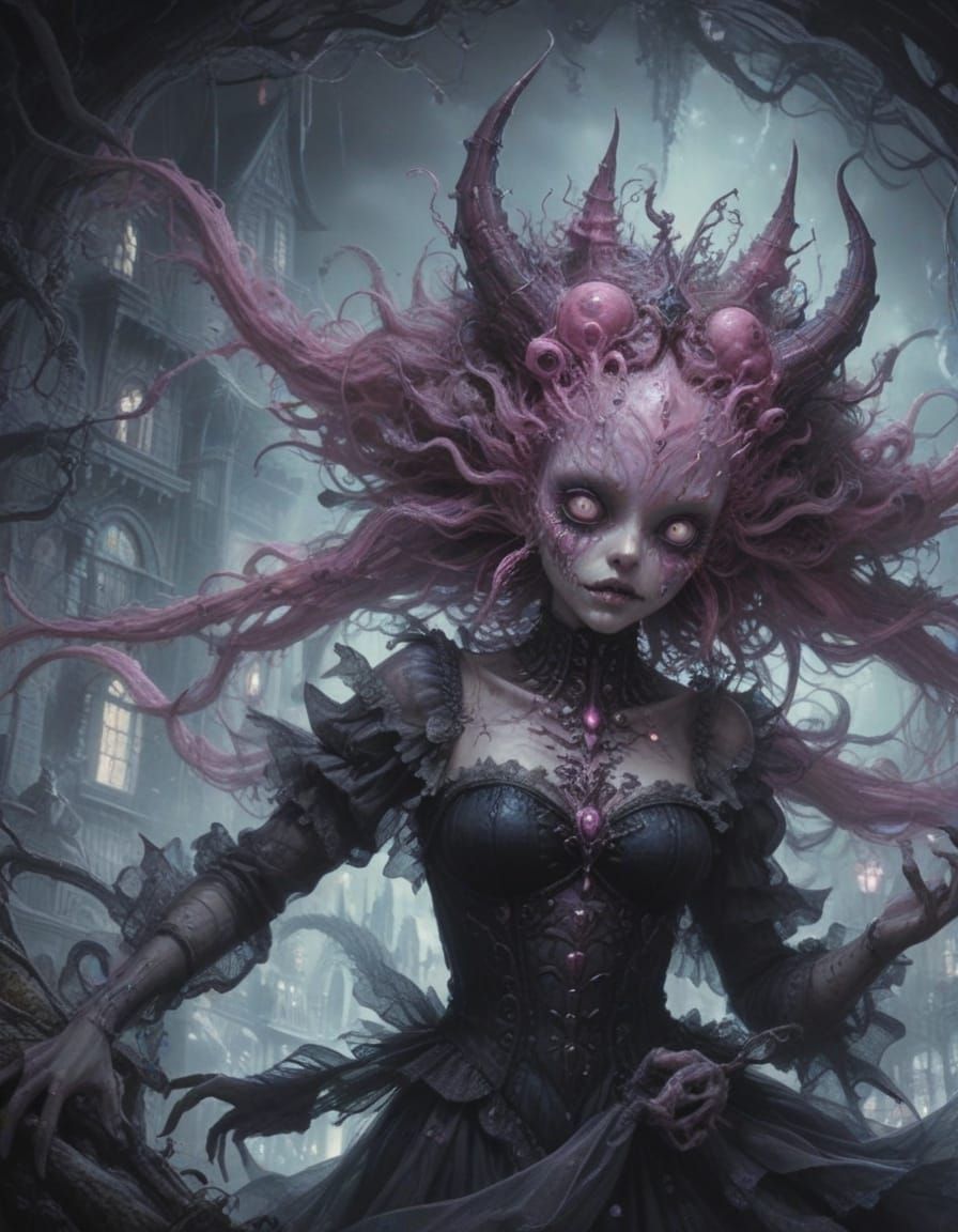 Glowing Insect Girl Monster in a Vibrant, Surreal Cityscape