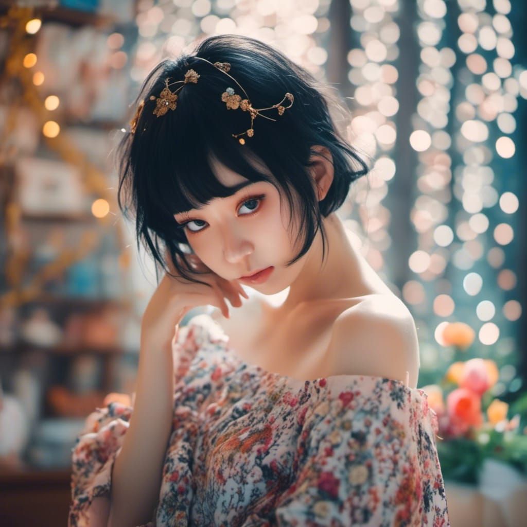 Portrait of a Curvy Asian Girl with Short Black Hair