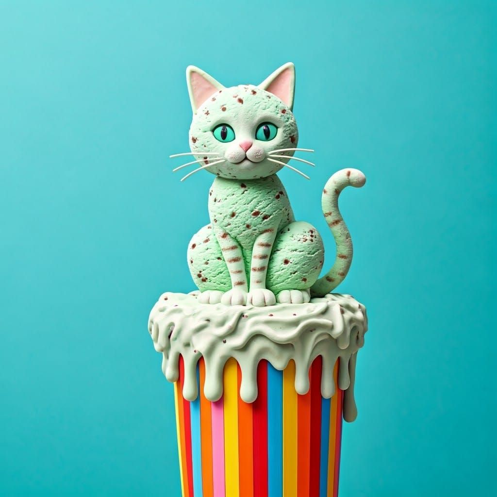 Whimsical Cat Sculpture in Pastel Pop Art Style
