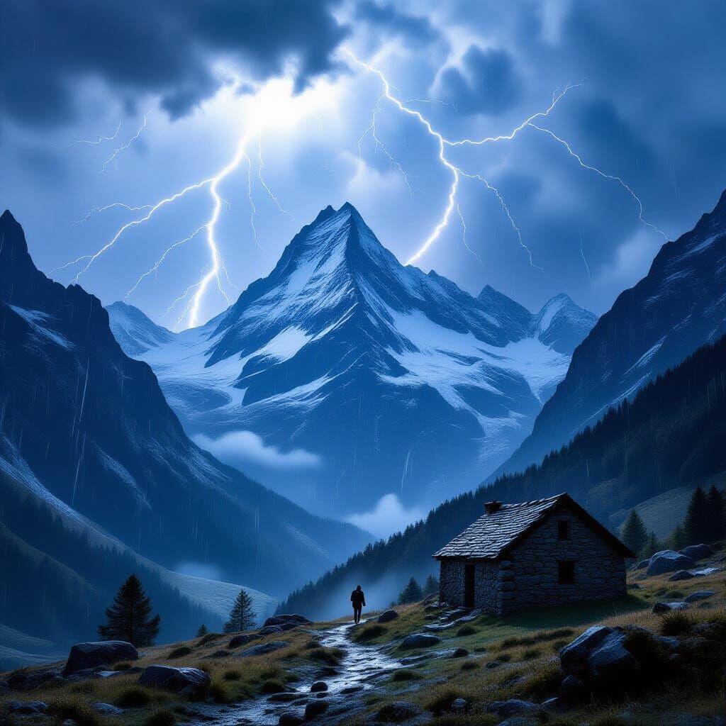 Swiss Alps Thunderstorm: Dramatic Peaks and Lone Hiker
