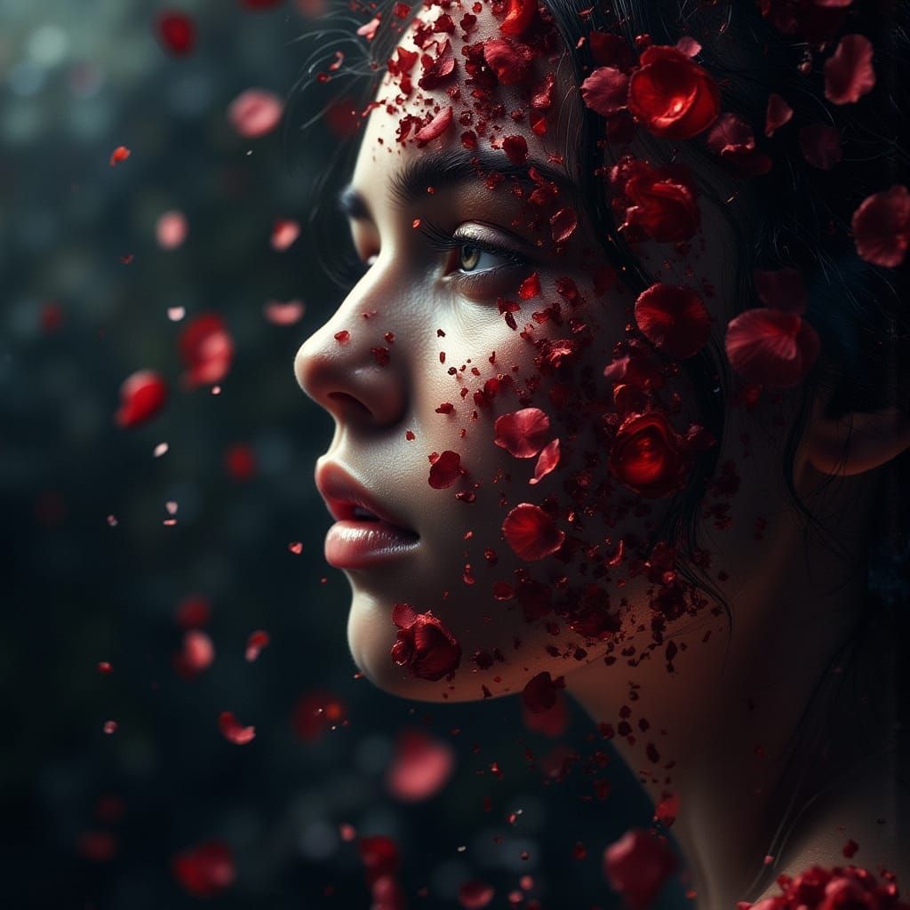 Woman's Face Merging with Rose Petals in Dark Fantasy Art