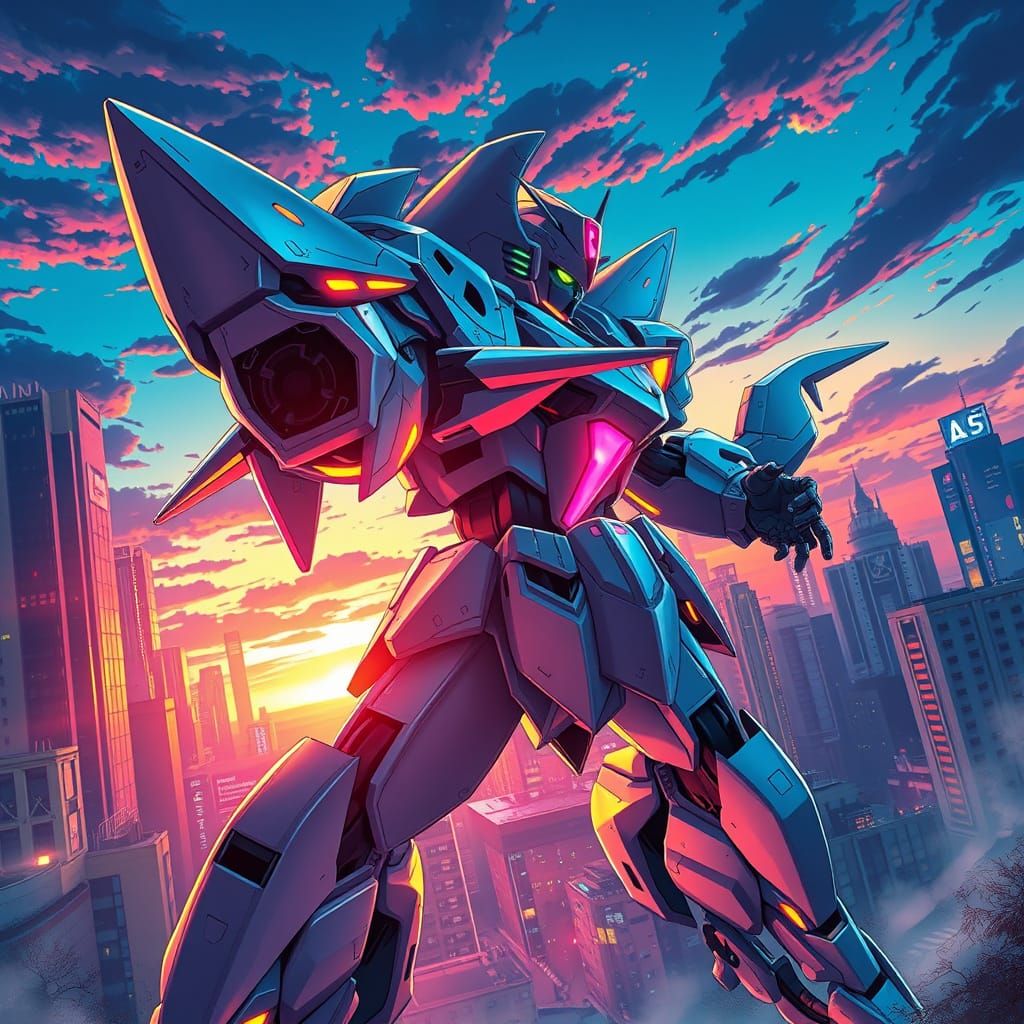 Futuristic Shark Gundam in High-Tech Cityscape