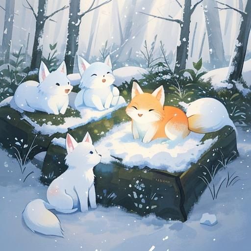 Fox Cub in Snowy Forest: Impressionist Oil Painting