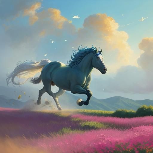Colorful Horses in Meadow: Impressionist Oil Painting