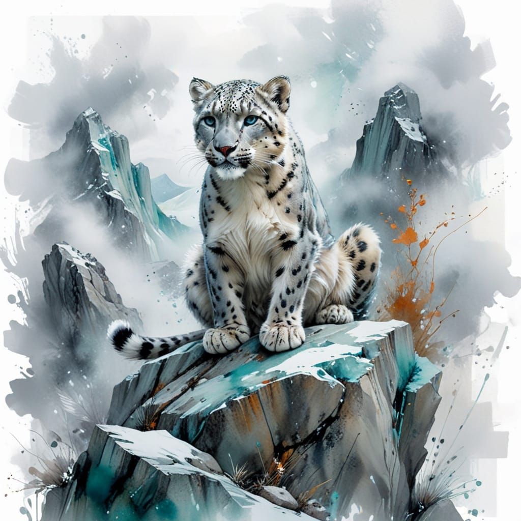 Snow Leopard on Rocky Ledge in Watercolour