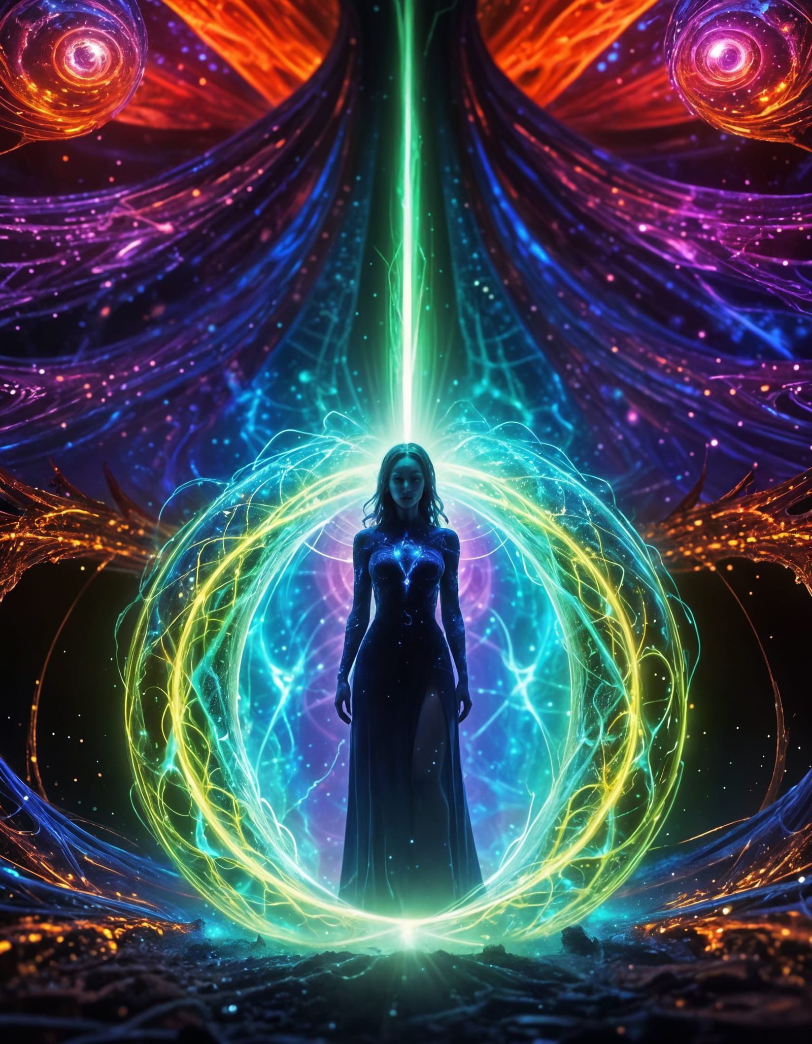 Woman of Electric Light in Psychedelic Aetherpunk Style