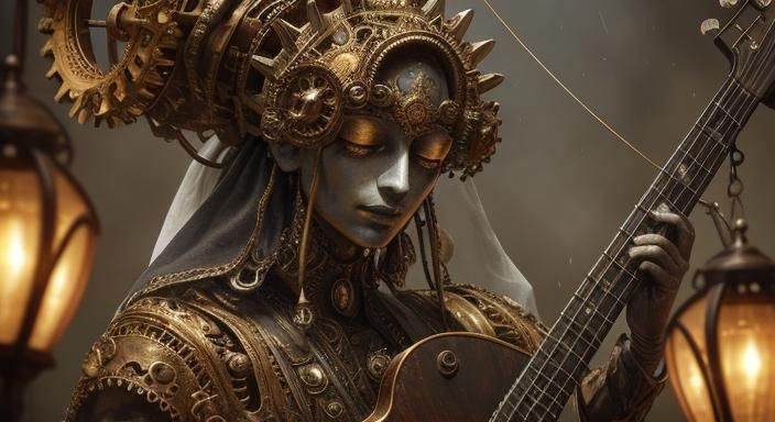 Surrealist Musical Instrument Head in Golden Light