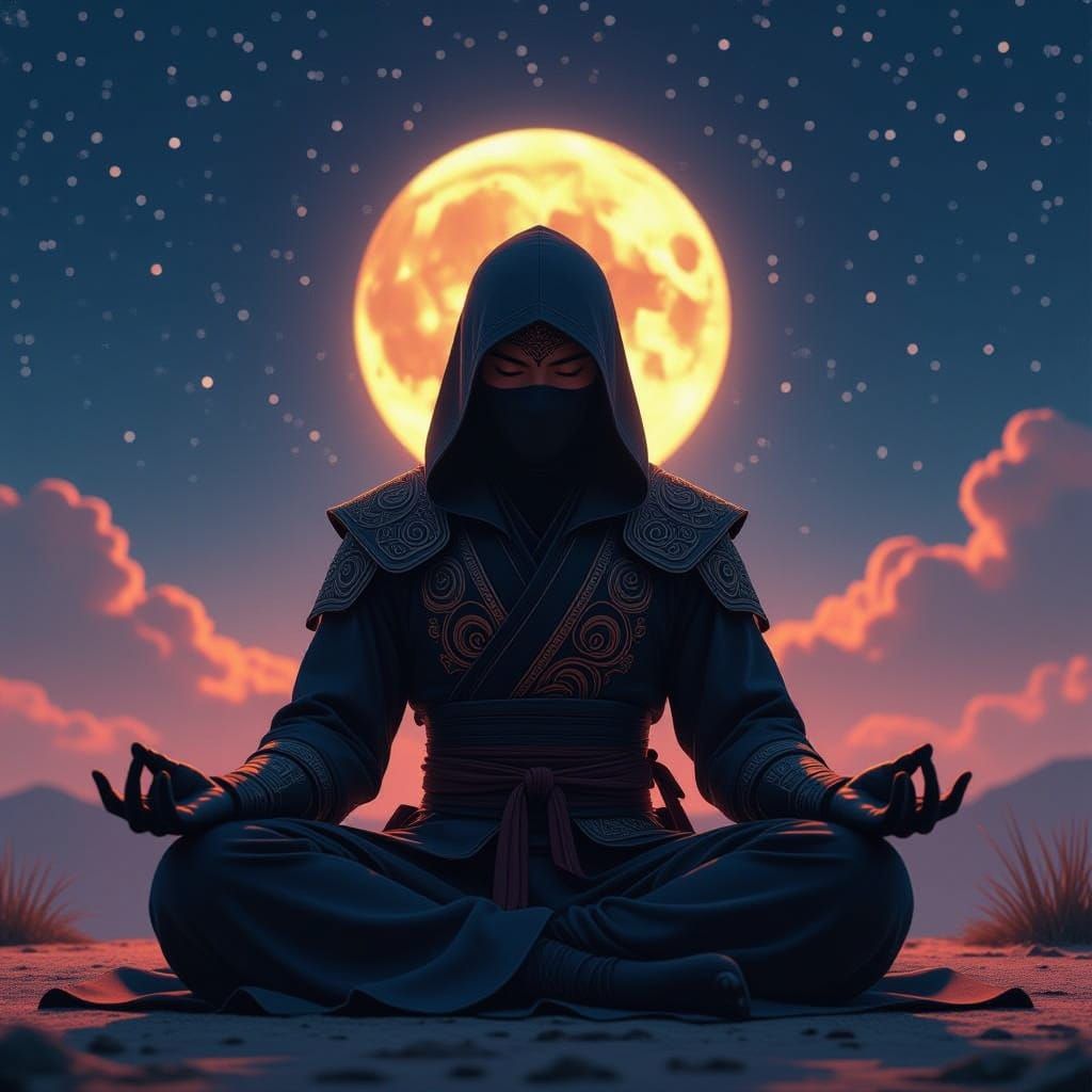 Ninja Meditating Under Starry Night Sky