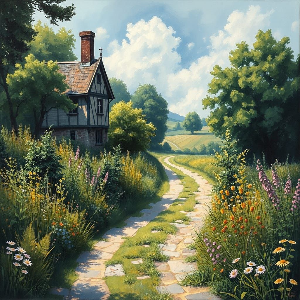 Summer Countryside Path in Gouache and Watercolor