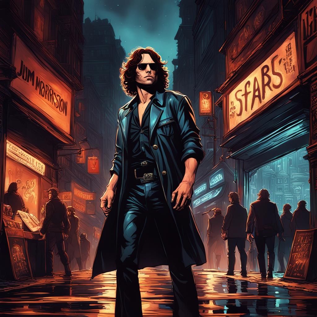 Jim Morrison in City Night, Graphic Novel Style
