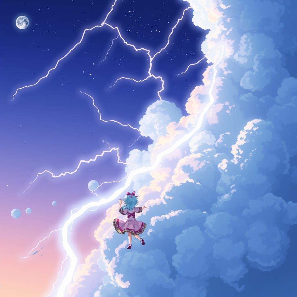 Rainbow Girl Surrounded by Vibrant Thunder Clouds in Anime S...