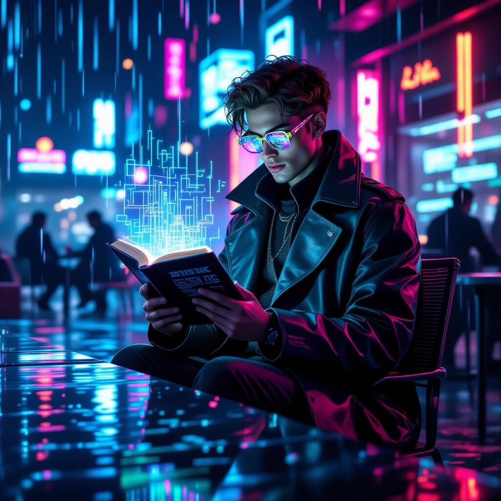 Cyberpunk Student Reading Hologram Book in Rainy Cafe