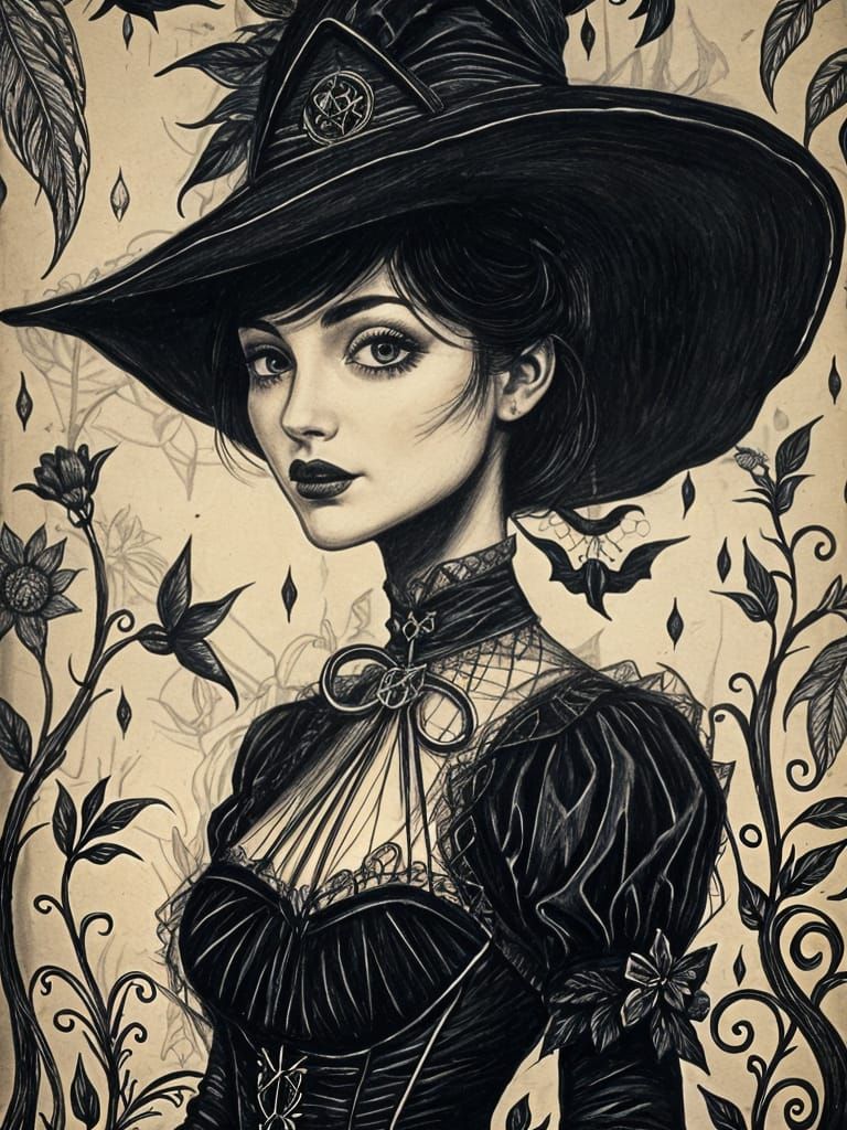 Vintage Witch Drawing in Pointed Hat