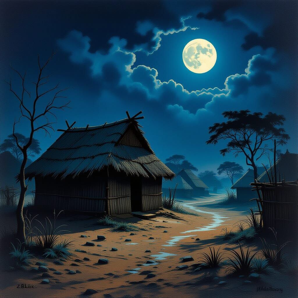 Abandoned African Hut at Night with Eerie Shadows