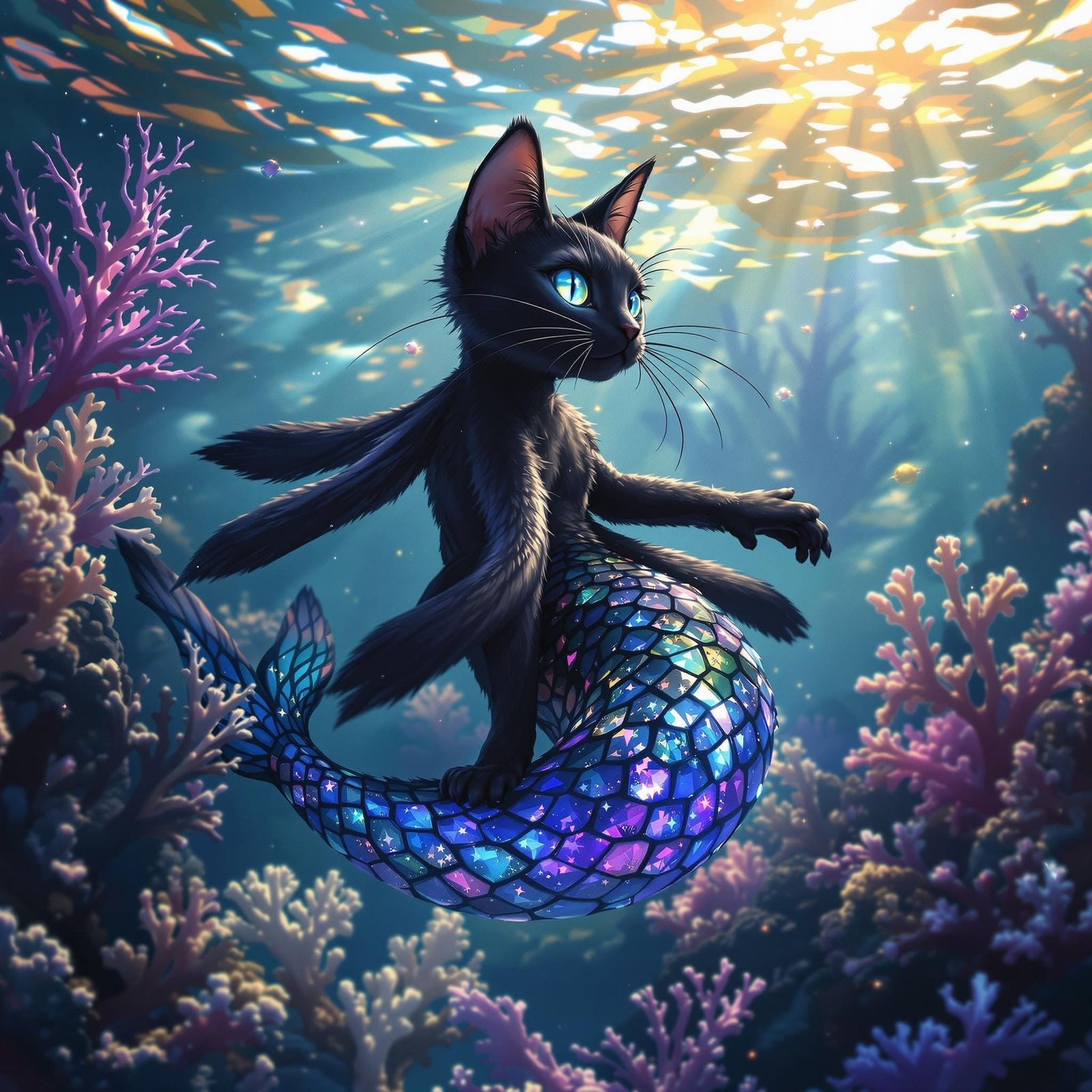 Siamese Cat Mermaid Swimming Through Coral, Photorealistic