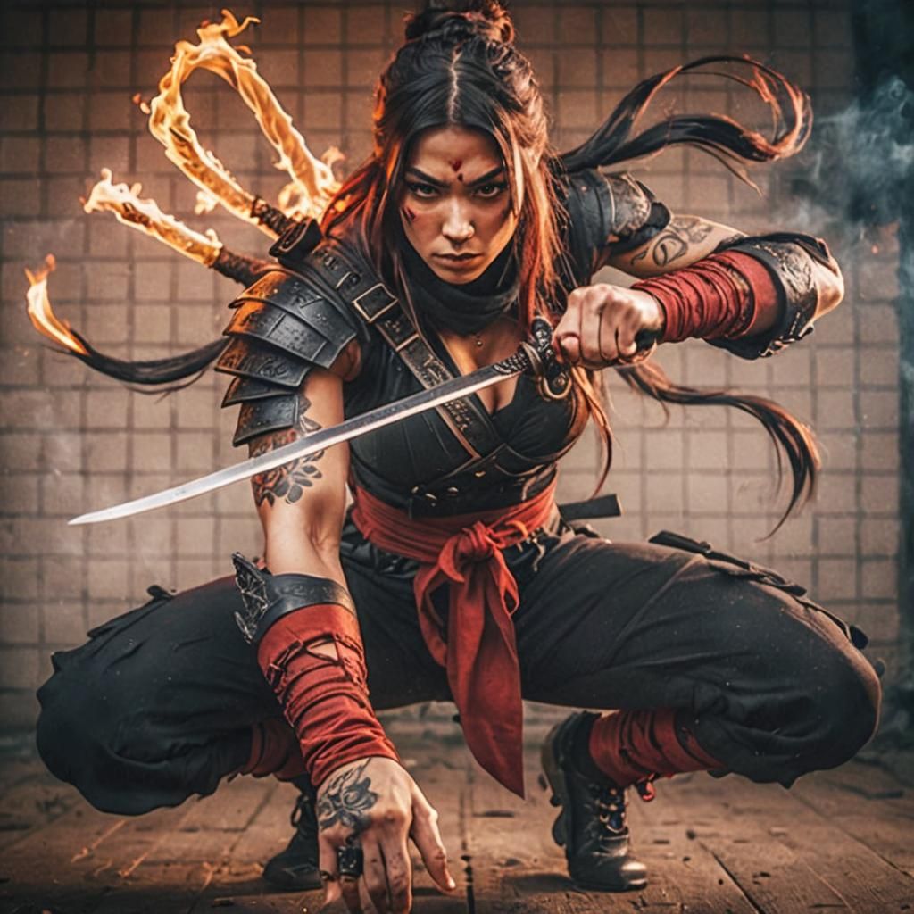 Gorgeous Ninja Woman with Burning Fist: Cinematic Film Still