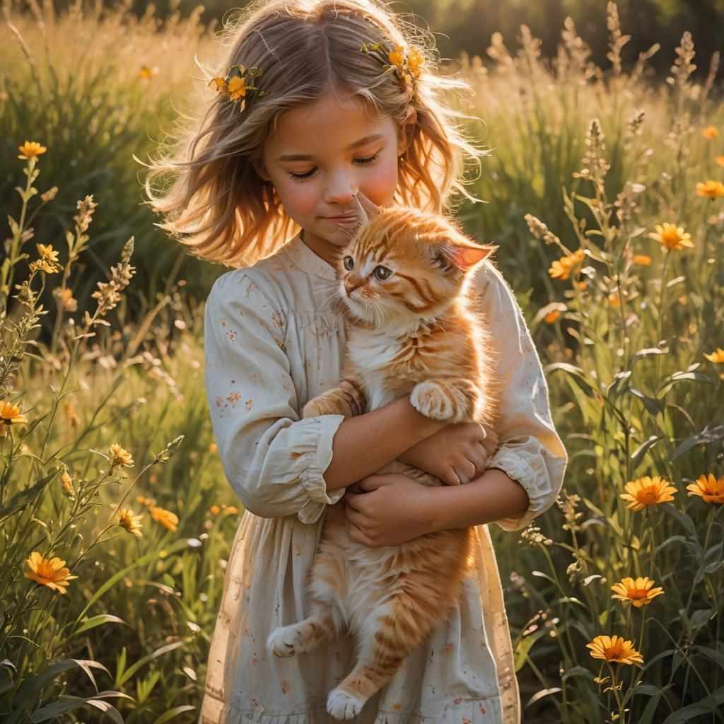 Girl with Kitten: Impressionistic Sunlight Portrait