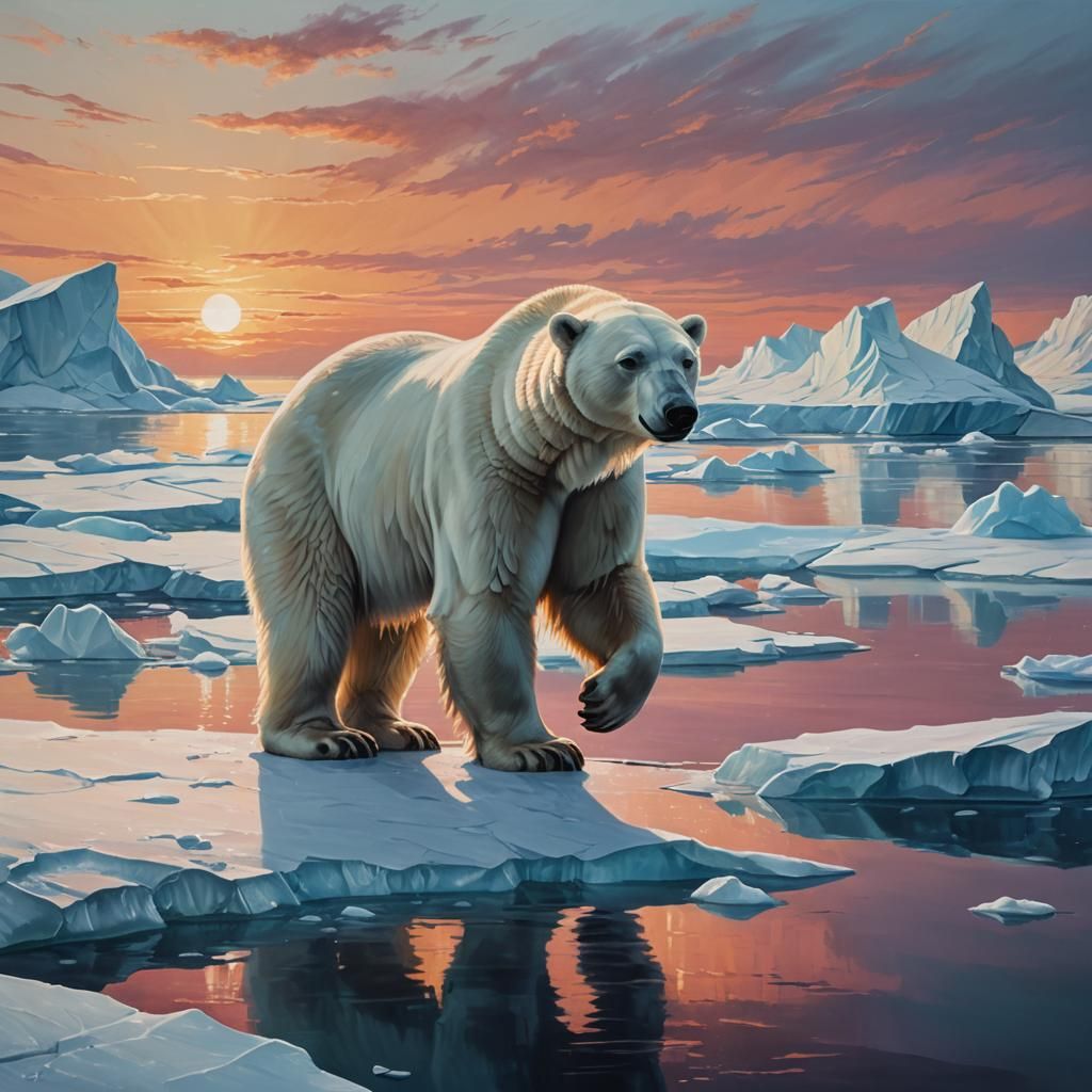 Hyperrealistic Polar Bear Walks on Ice in Sunset