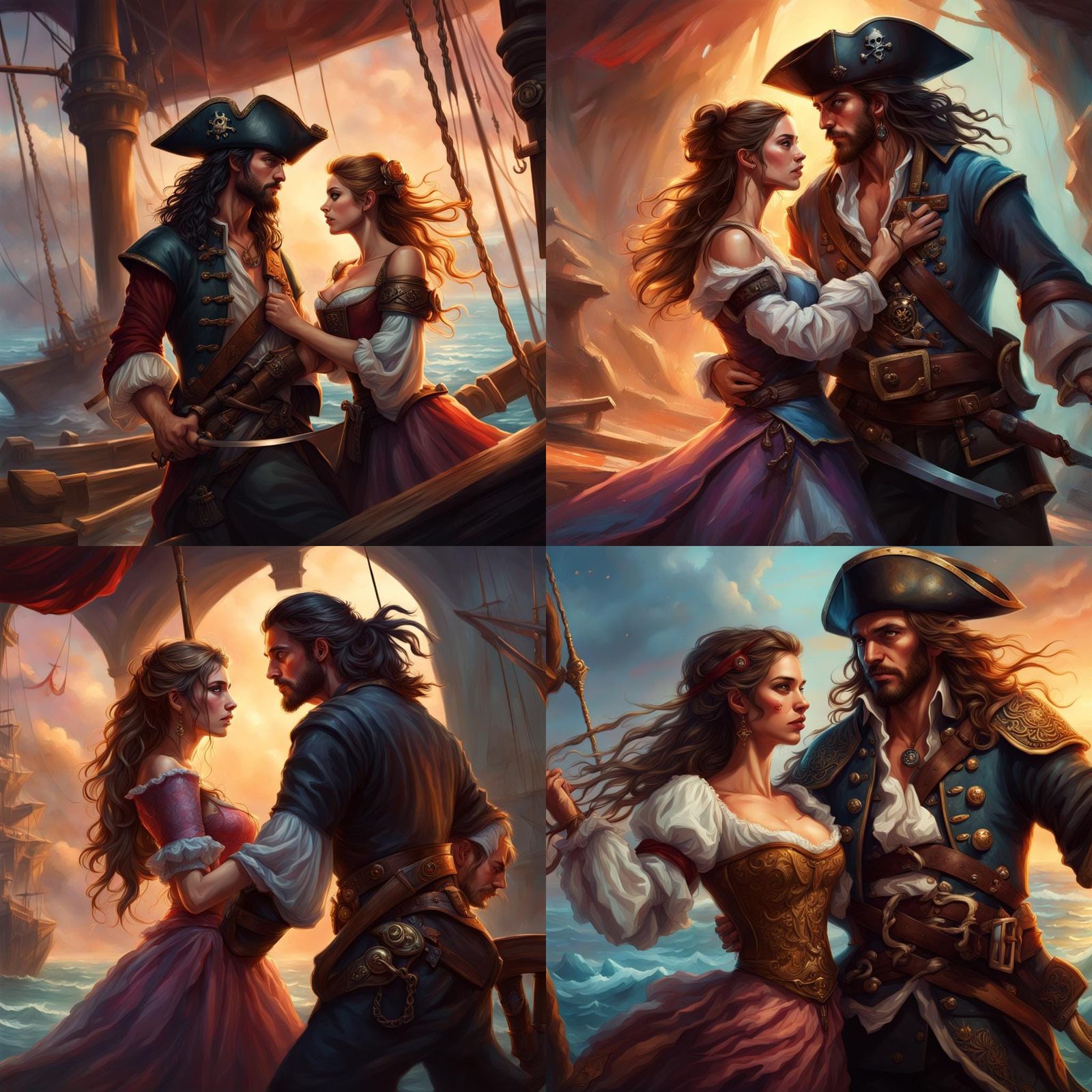 Fantasy, dramatic scene between couple, romantic, tense, d&d, dnd, pirate and a princess