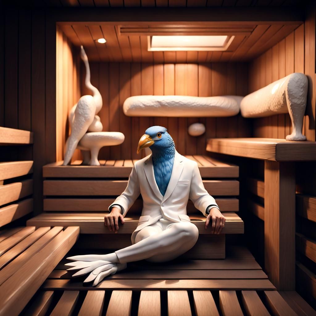 Photorealistic Bird Relaxing in Sauna with Fountain