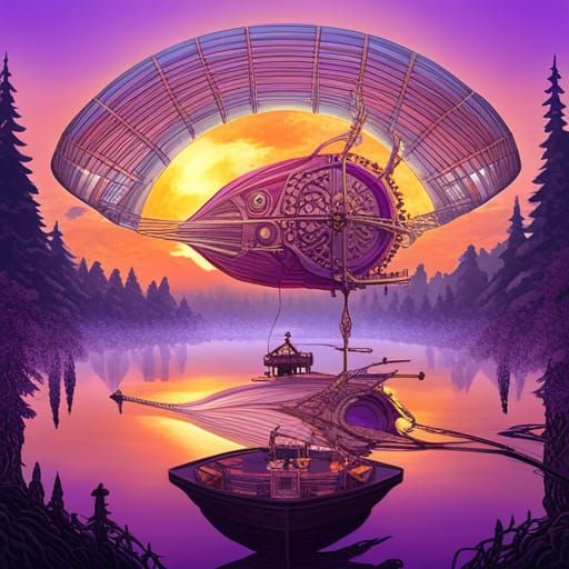 Filigreed Steampunk Airship Over Sunset Lake