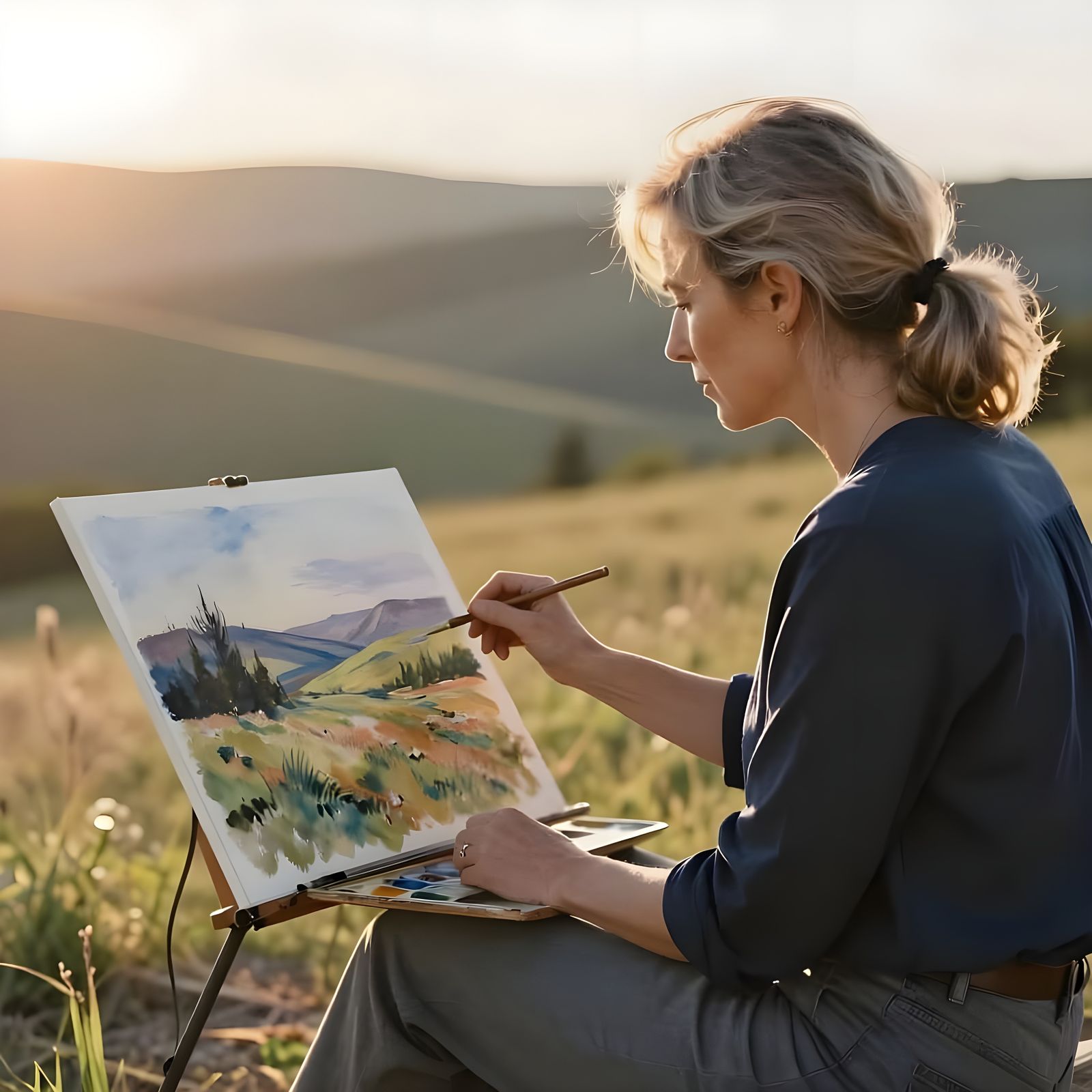 Woman Painting Landscape in Late Afternoon Light