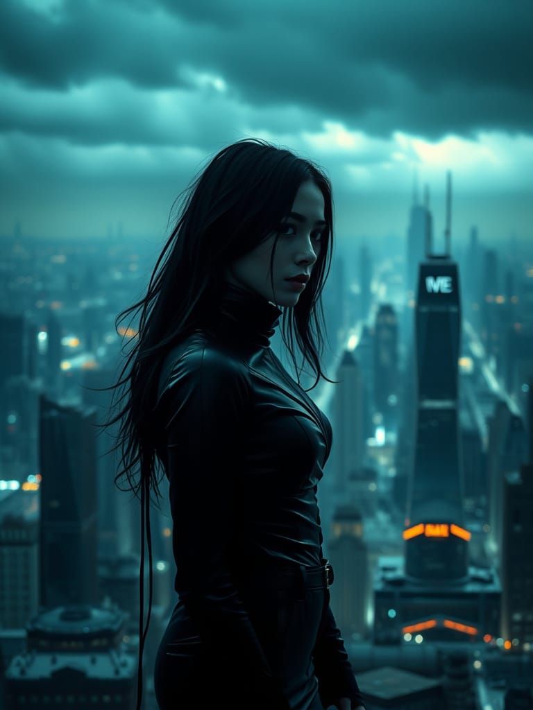 Mysterious Woman in Cyberpunk Metropolis at Dusk