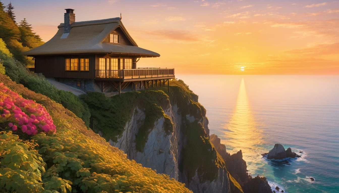 Secluded Cabin at Golden Hour in Impressionist Style