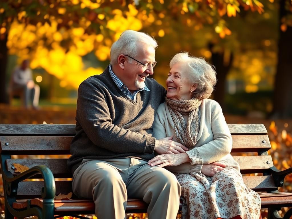 Romantic Autumn Scene of Elderly Couple in Love