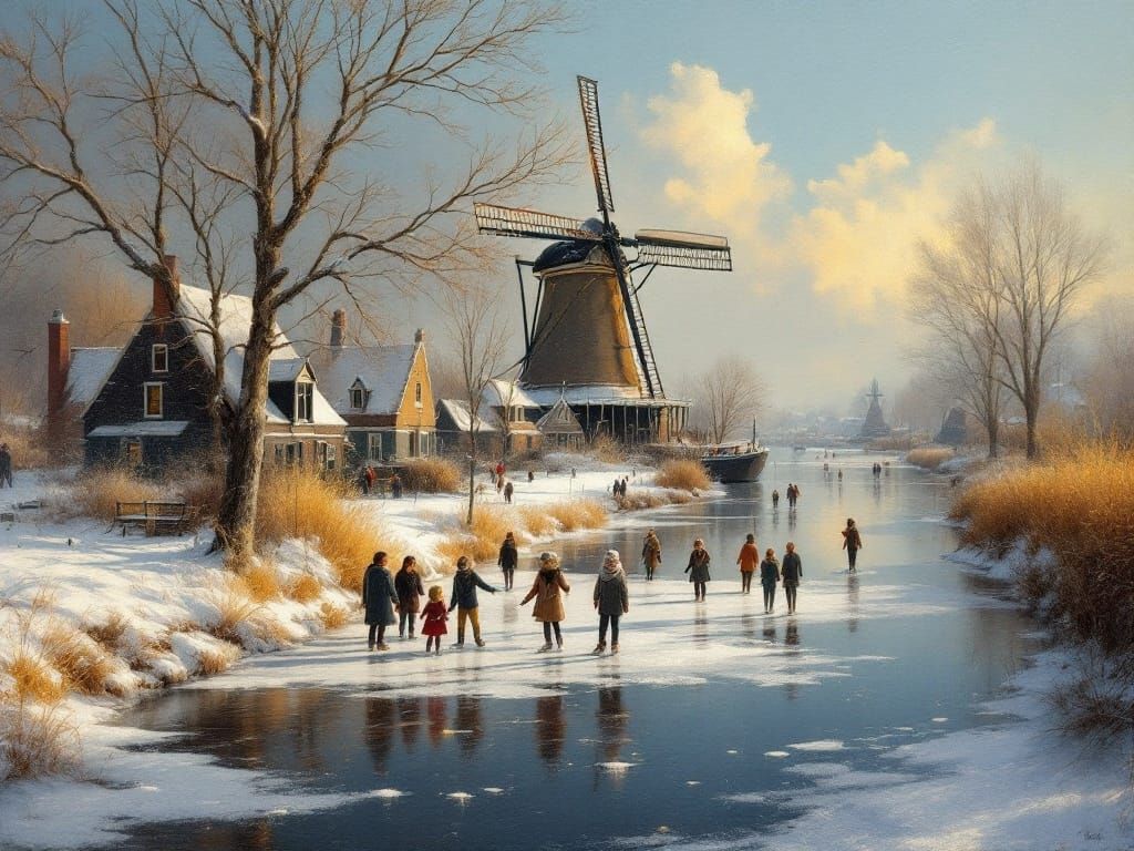 Dutch Winter Canal Scene in Art Nouveau Style