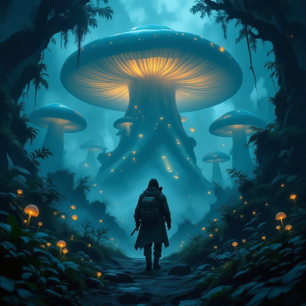 Explorer in Giant Bioluminescent Mushroom Forest