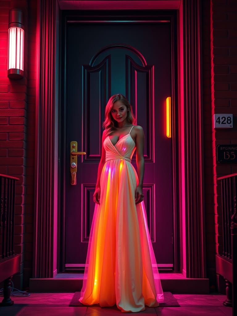 Woman in Sun Dress, Cyberpunk Cityscape at Sunrise