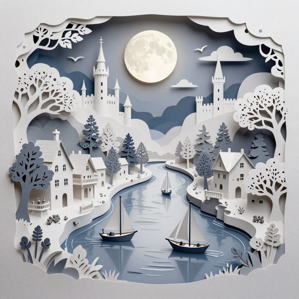 Whimsical Paper-Cut River Village at Dusk