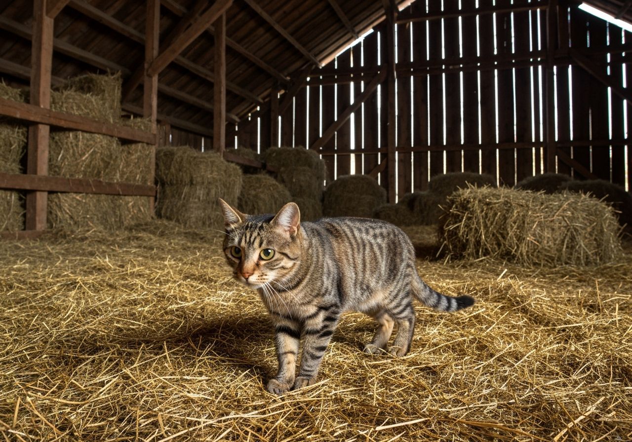 A tabby farm cat stalking intently through the interior of a...