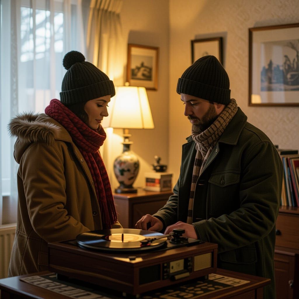 Nostalgic Scene: Figures Silhouetted by Record Player