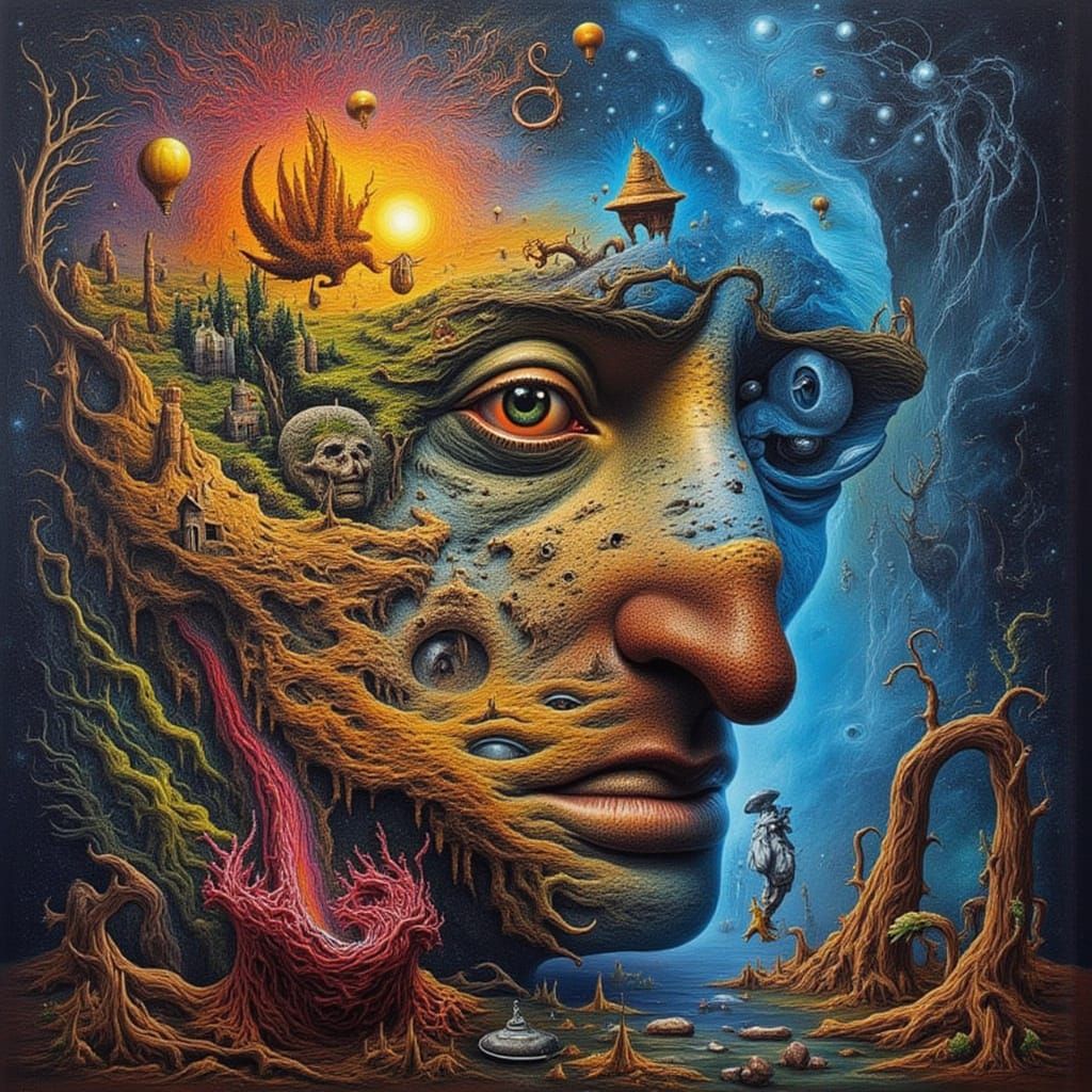 Surreal Portrait of Mindscape with Binary Code and Rainbow W...