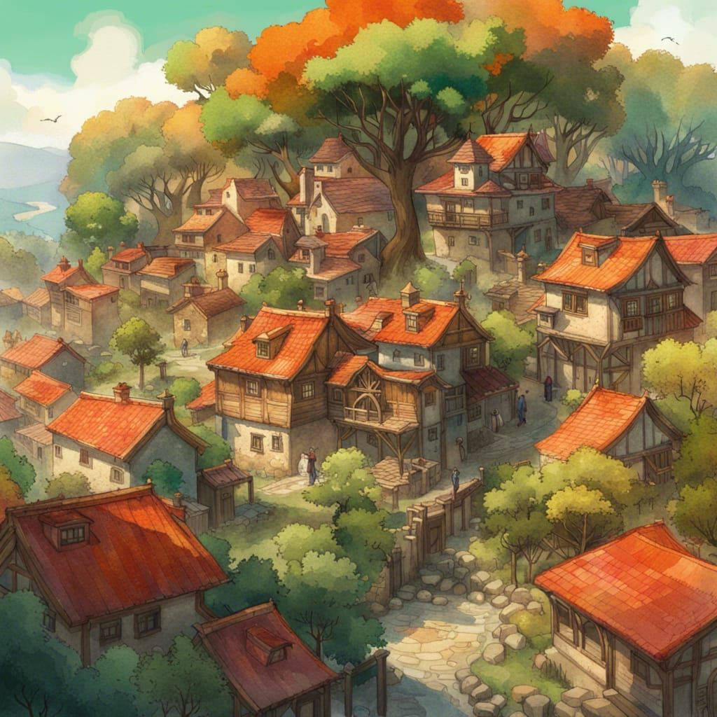 Watercolor Sequoia Forest and Village, Detailed Painting