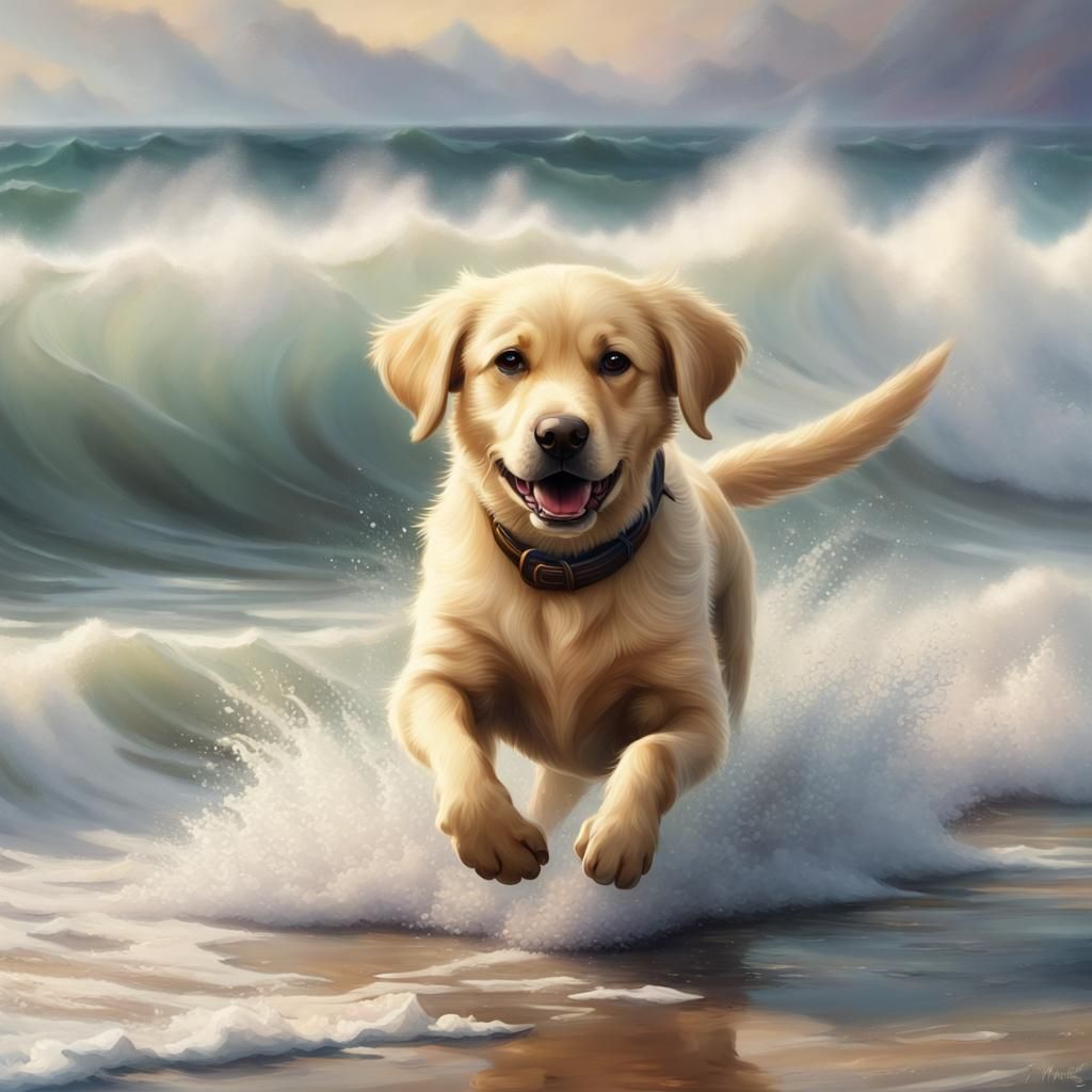 Labrador Puppy Running on Beach in Digital Painting Style