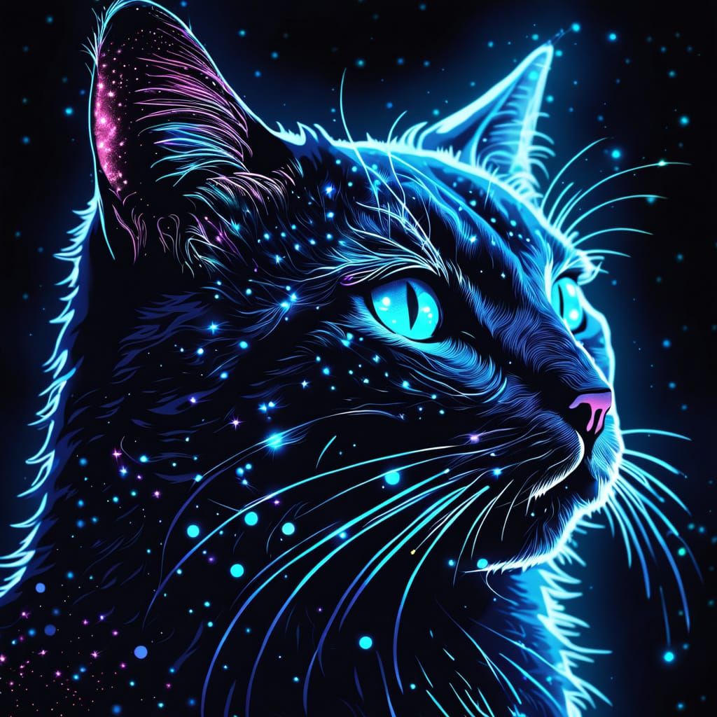 Neon Cat Silhouette on Cosmic Glitter Background