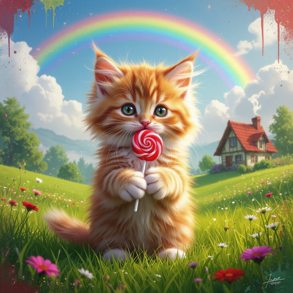 Fluffy Kitten with Lollipop Under Rainbow, Cute Cottage