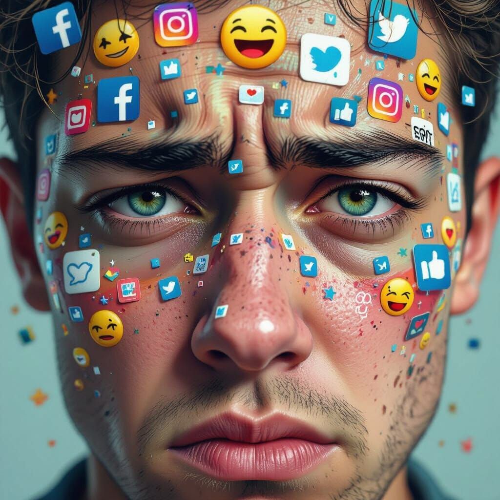 Frustrated Face Overloaded with Social Media: Digital Art