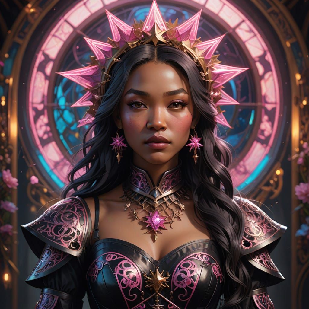 Gothic Blasian Goddess in Vibrant Pink Star Attire
