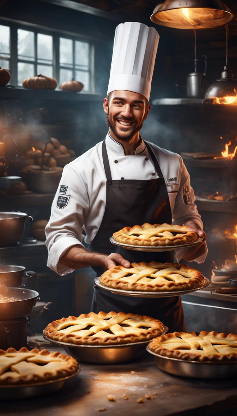 Happy Young Chef Holding Tempting Pie