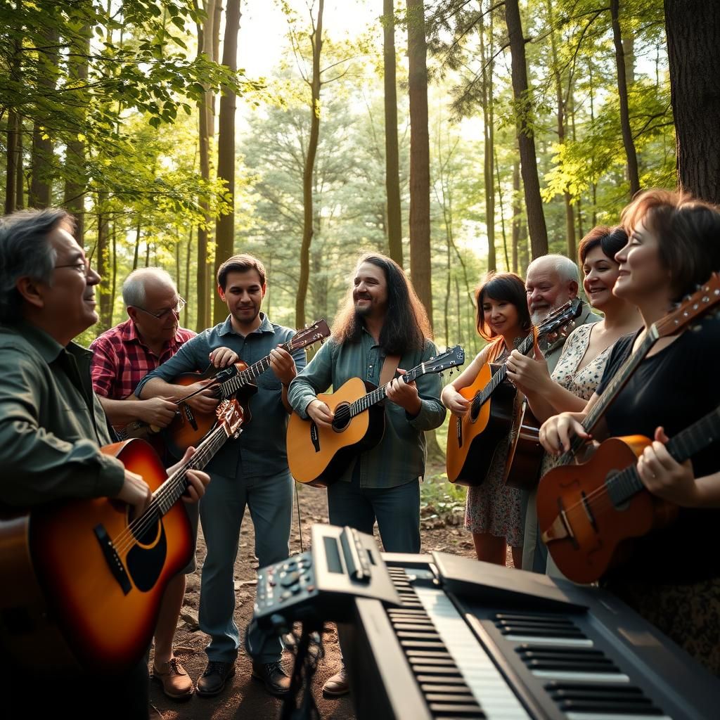 Musicians Gather in Forest Clearing in Photorealistic Style