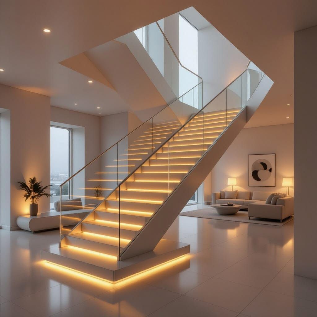 Sleek Glass Staircase in Minimalist Futuristic Setting