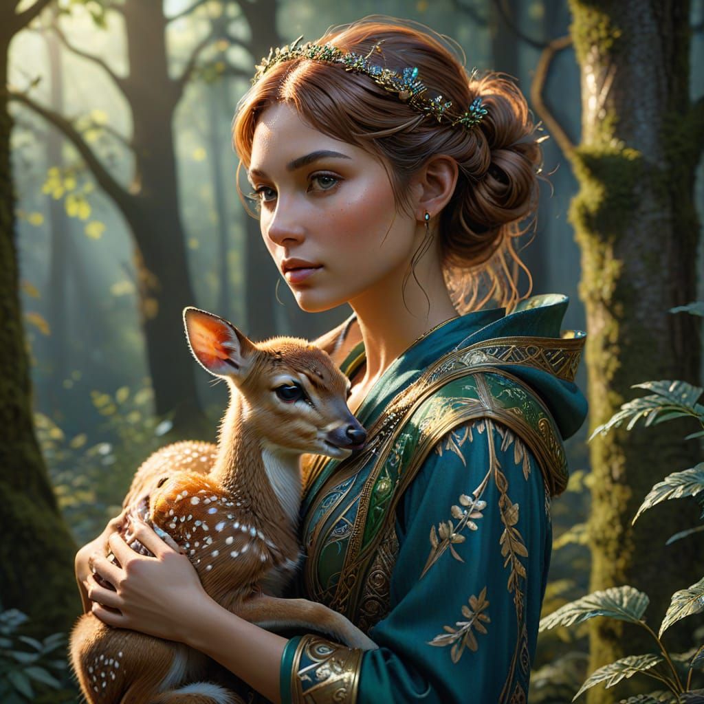Ethereal Girl and Fawn Portrait in Mystical Forest