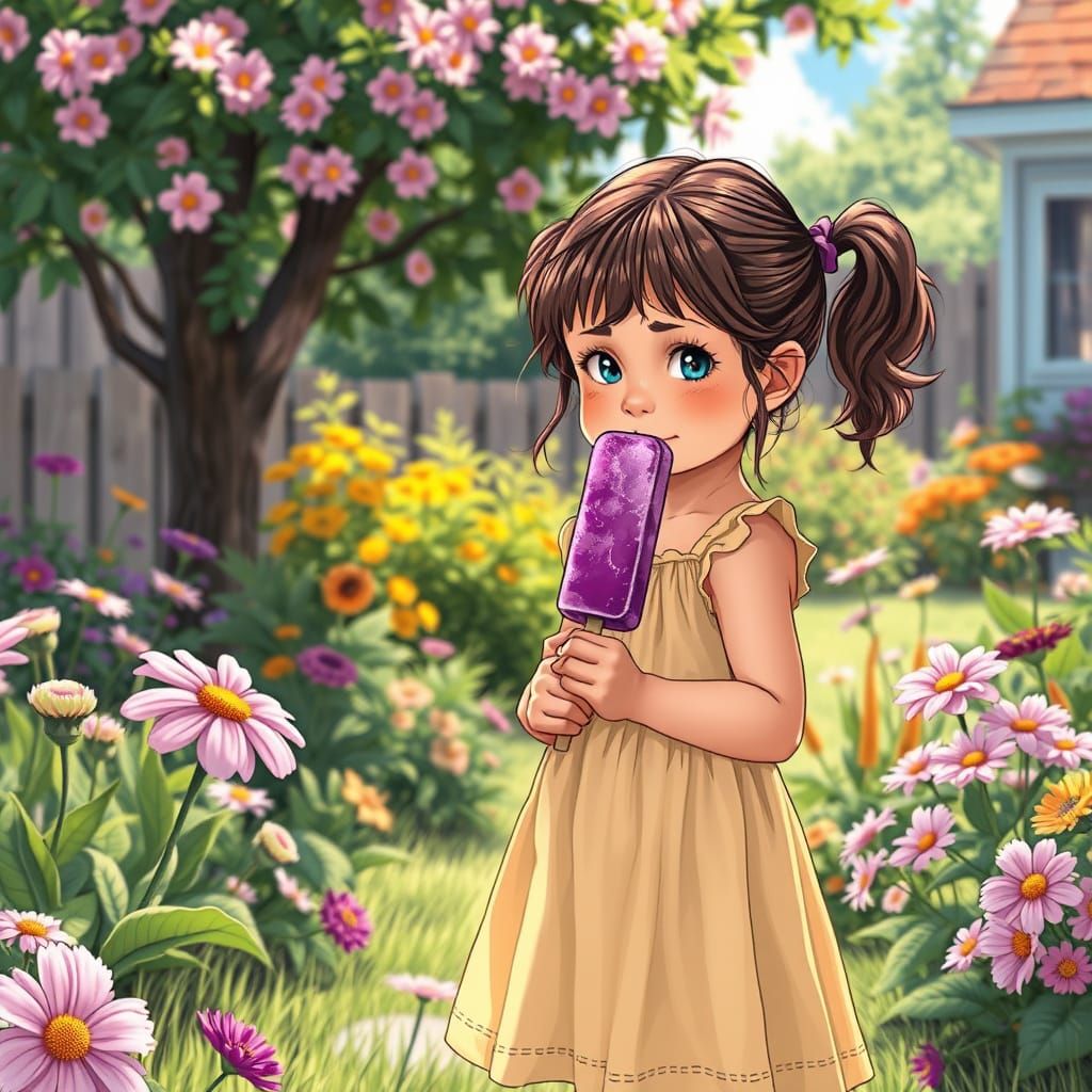 Girl with Purple Popsicle in Comic Book Style