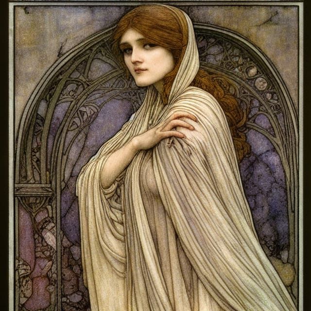 Woman in Monastic Ruins: Art Nouveau Painting