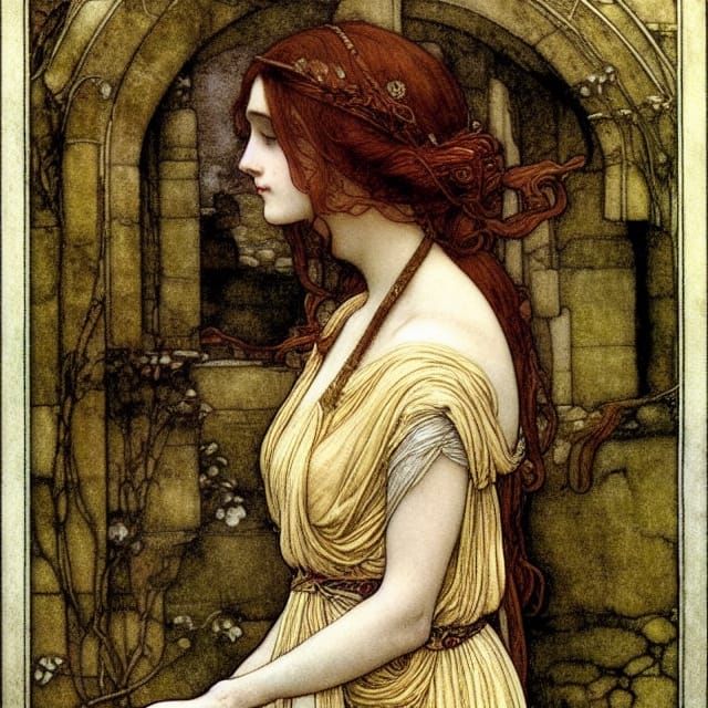 Woman in Ancient Ruins: Art Nouveau Pre-Raphaelite Portrait